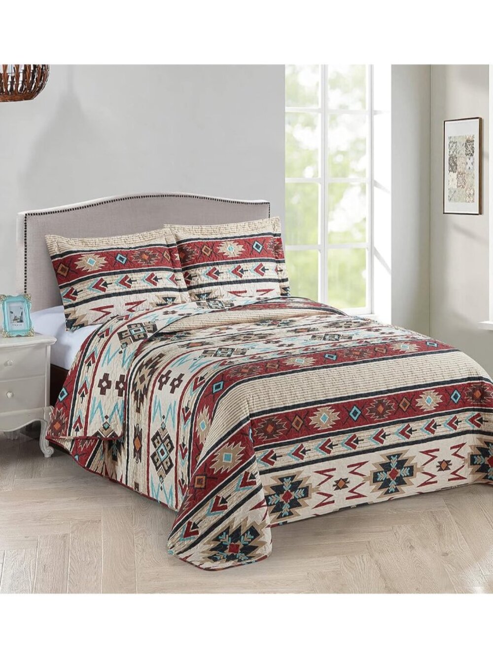 Rustic Striped Southwestern Quilt Stitched Western Bedspread Bedding Set with Be